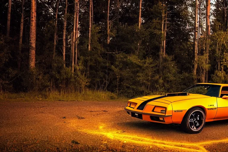 Image similar to pontiac firebird with glowing paint, sunrise, eerie light, fireflies, dog watching the car, dramatic, cinematic, forest, horror, sunbeams, volumetric lighting, wide shot, low angle, lightning storm hitting the car, ground cracking open to reveal a portal to hell