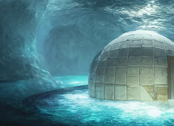 Image similar to masterpiece artwork of a underwater dome inside the ocean, au naturel, hyper detailed, digital art, trending in artstation, cinematic lighting, studio quality, smooth render, unreal engine 5 rendered, octane rendered, art style by klimt and nixeu and ian sprigger and wlop and krenz cushart