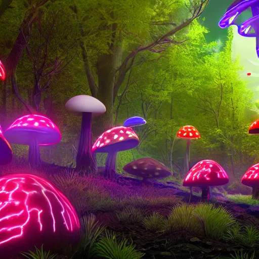 Prompt: A realistic strange neon lanscape, realistic, 4k resolution, detailled, realistic shaders, neon mushrooms, mushrooms particles, painting, forests, strange neon plants, realistic, detailled.