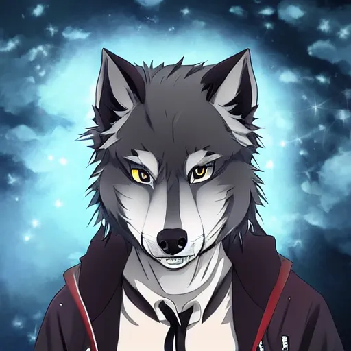 Image similar to key anime visual portrait of an anthropomorphic anthro wolf fursona, in a jacket, with handsome eyes, official modern anime art