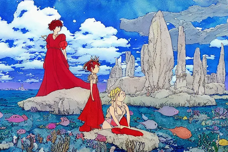 Image similar to a hyperrealist studio ghibli watercolor fantasy concept art. in the foreground is a lost princess in a red dress. in the background is stonehenge. the scene is underwater on the sea floor. by rebecca guay, michael kaluta, charles vess