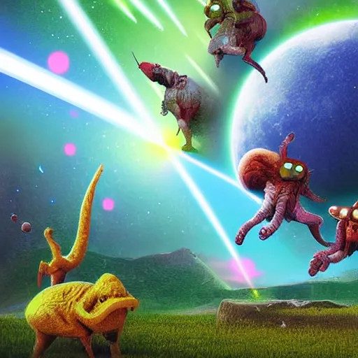 Image similar to laser war between funny creatures on a planet, digital art, award winning 4K