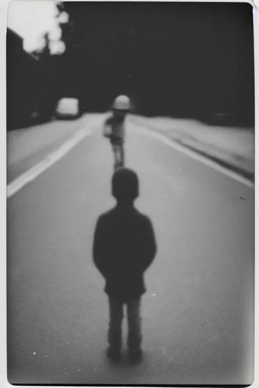 Prompt: photo polaroid of a sad and lonely child in the middle of a road of a city devastated by bombs , has a gun in his hand, loneliness,war, black and white ,photorealistic, 35mm film,