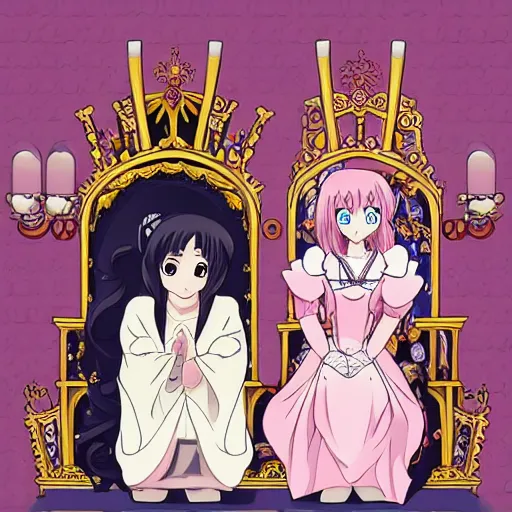 Prompt: two beautiful queens sitting in thrones across from each other, detailed anime art