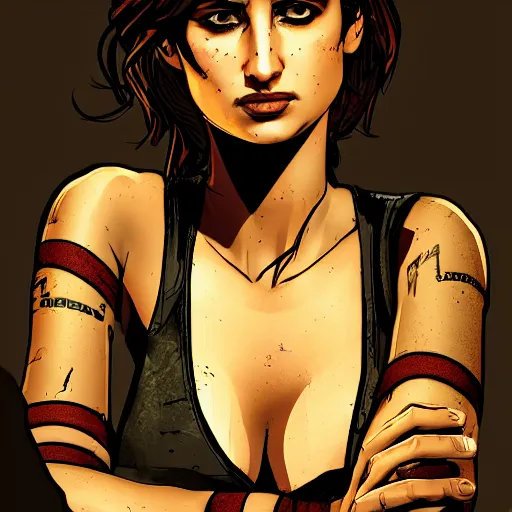 Image similar to penelope cruz portrait, borderlands, tales from the borderlands, the wolf among us, comic, cinematic lighting, studio quality, 8 k