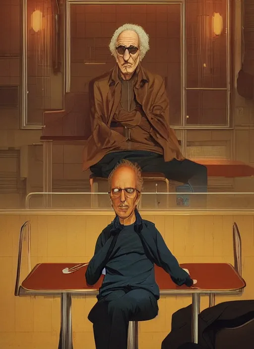 Image similar to poster artwork by Michael Whelan and Tomer Hanuka, Karol Bak of Larry David!!!!!! sitting alone in an empty diner at night, no one around, deserted, from scene from Twin Peaks, clean, simple illustration, nostalgic, domestic, full of details