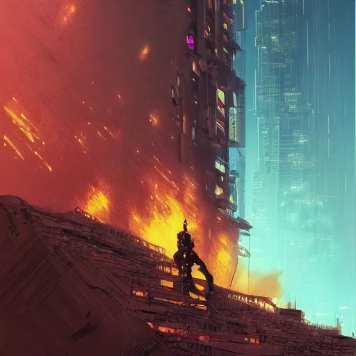 Image similar to a cyberpunk zulu warrior sitting on a cliff watching an enormous city burn!!! from a distance at night, fire!!, by alena aenami and android jones and greg rutkowski, Trending on artstation, hyperrealism, elegant, stylized, highly detailed digital art, 8k resolution, hd, global illumination, radiant light, detailed and intricate cyberpunk ghetto environment, rendered in octane, post processed, wide angle, dynamic portrait