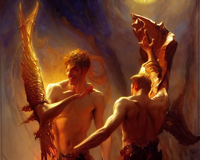 Prompt: attractive demonic male deity, casting magic, summoning handsome lucifer morning star. highly detailed painting by gaston bussiere, craig mullins, j. c. leyendecker 8 k