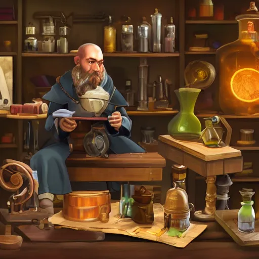 Image similar to An alchemist sitting in his workshop creating potions and formulas