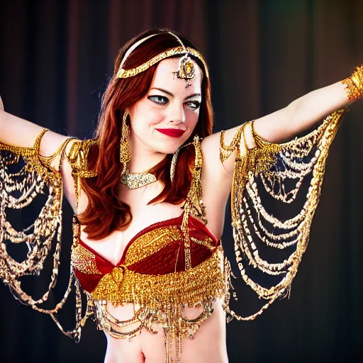 Image similar to a portrait of emma stone dressed as a belly dancer, arabian night, high quality, fully detailed, 4 k, in focus face with fine details, realistic hand details and anatomy