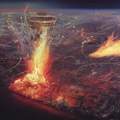 Image similar to aerial view of the full - metal irisdiscent hindenburg disaster, santiago of chile, pixeled fire from a fragmented neon - wired reality, matte painting by yoji shinkawa, esao andrews, yoshitaka amano and ryuichi sakamoto