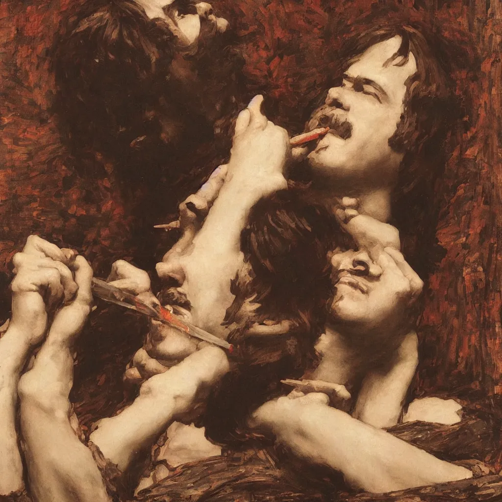 Image similar to portrait en buste of bill hicks SNORTING SMOKING TRIPPING in repose by John William Waterhouse, Frederic Leighton, true-to-life, flowing realistic fabric, abundant detail