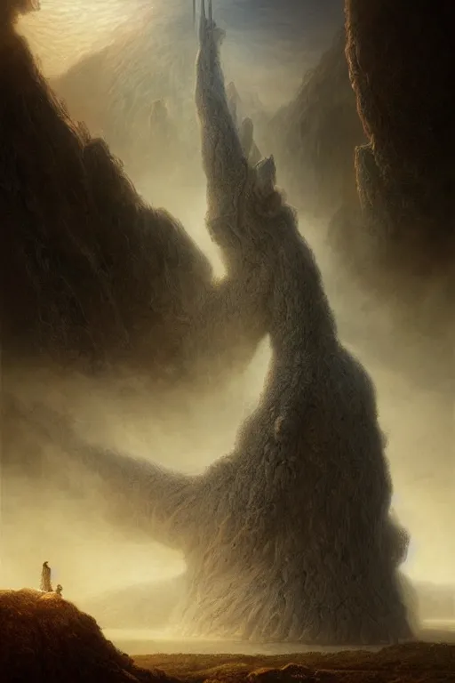 Prompt: a giant mythical humanoid monster looming over a tiny human in an epic landscape, ethereal fantasy, blooodborne, artstation, agostino arrivabene, james gurney