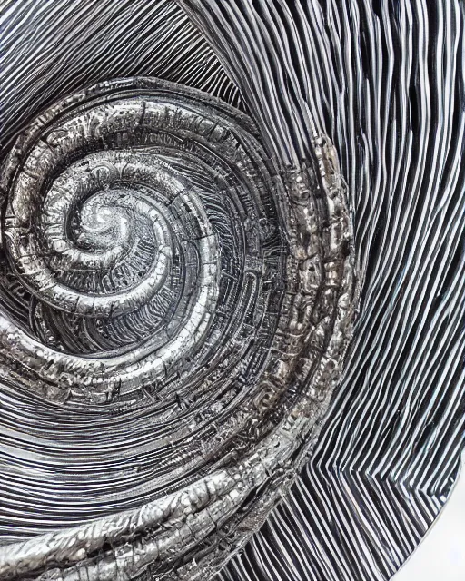 Prompt: studio shot of an intricate silver spiral statue, professional close up, textured silver, scratched metal, well lit professional photo, chromatic, HD photography, 4k