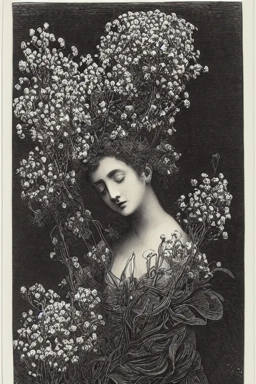 Prompt: black and white, woman in flowers, Gustave Dore lithography