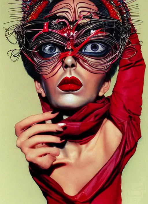 Image similar to an 8 0 s portrait of a woman with dark eye - shadow and red lips with dark slicked back hair, a mask made of wire and beads, dreaming acid - fueled hallucinations, psychedelic by serge lutens, rolf armstrong, peter elson, red cloth background, frilled puffycollar