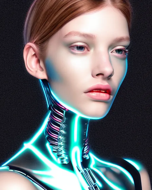 Image similar to fashion portrait, most beautiful girl in the world, glowing cybernetic augments, hyperrealism, year 2447, cdx