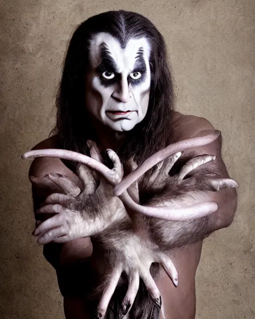 Prompt: actor Ozzy Osborne in Elaborate Pan Satyr Goat Man Makeup and prosthetics designed by Rick Baker, Hyperreal, Head Shots Photographed in the Style of Annie Leibovitz, Studio Lighting