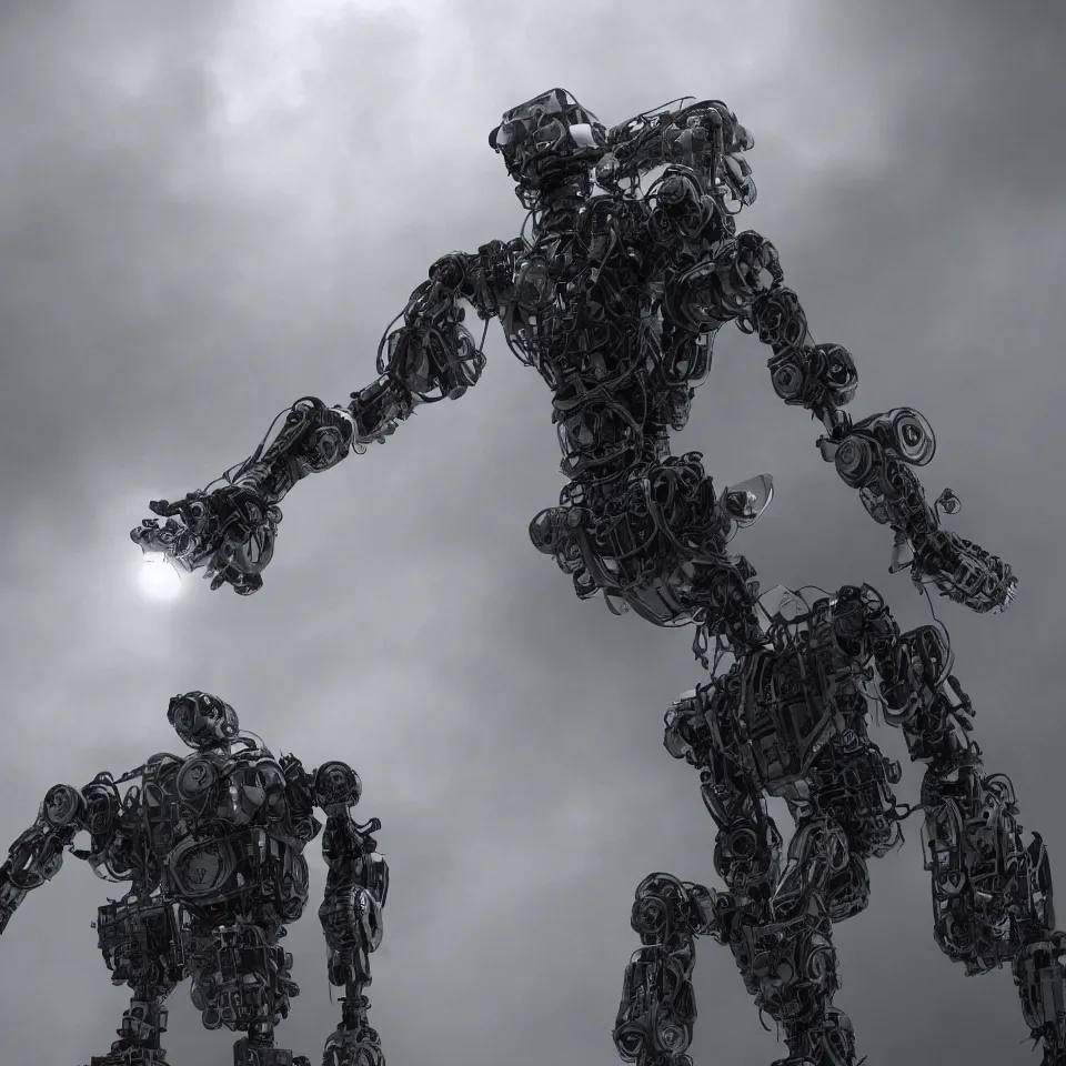 Prompt: giants robot, ricardo federici, feng zhu, masterpiece, ink drawn horror, greate space, creepy, fog, volume light, black and white high resolution, 8 k, highly detailed, processing, extremely hyperdetailed