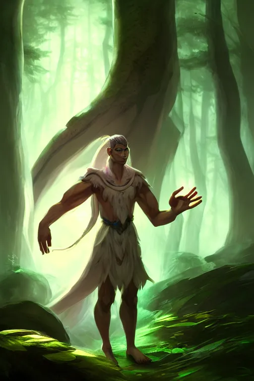 Image similar to a human elemental sorcerer, forest setting, colorful magic, male, white skin, young, sharp focus, concept art, dynamic lighting, unreal engine, by tyler edlin