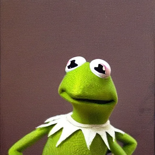 Prompt: a majestic oil painting of Kermit the Frog by Rembrandt, hanging in the louvre, incredible detail
