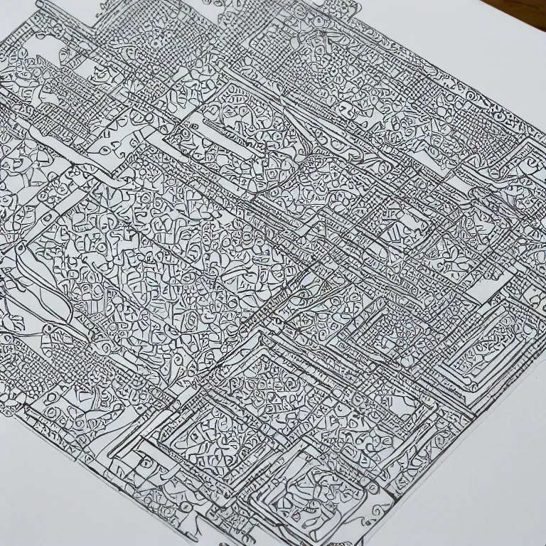 Prompt: notebook doodle architecture sketch with tessellating circuit board extremely intricate hyper detailed linework pen and paper