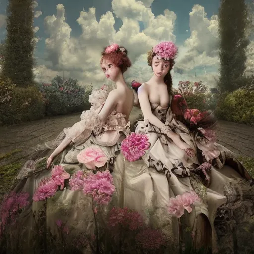 Image similar to 8k, octane render, realism, tonalism, renaissance, rococo, baroque, group of creepy young ladies wearing long harajuku manga dress with flowers and skulls, background chaotic flowers