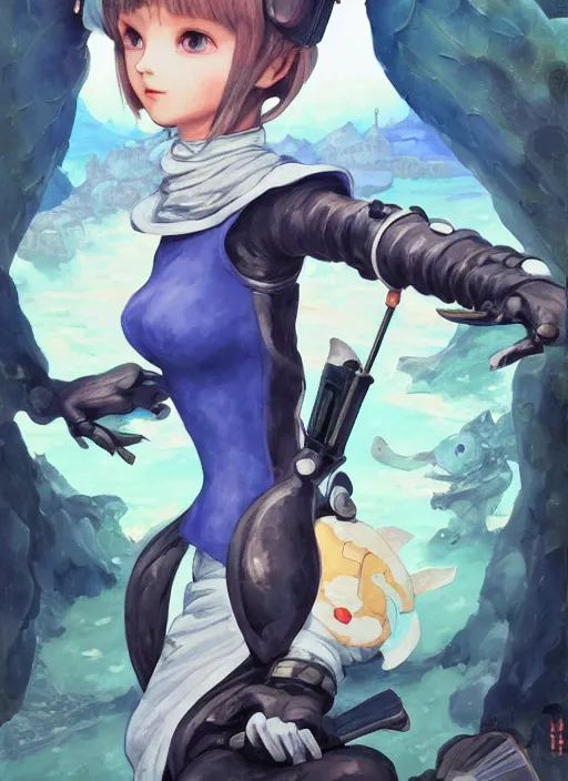 Image similar to a gouache painting in the style of breath of fire iv, a detailed 3 d render of audrey hepburn as a yorha android, by hikari shimoda, ilya kuvshinov, yoshitaka amano, by shaun tan, by good smile company, portrait, cgsociety, artstation, a modular costume and headpiece, action adventure scene