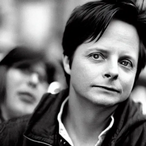 Prompt: film still, 5 0 mm, a masterpiece portrait photo of michael j fox in a los angeles crowd, circa 2 0 0 4, sharp focus and narrow depth of field