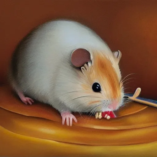 Image similar to a detailed oil painting of a hamster chewing on a giant hamburger