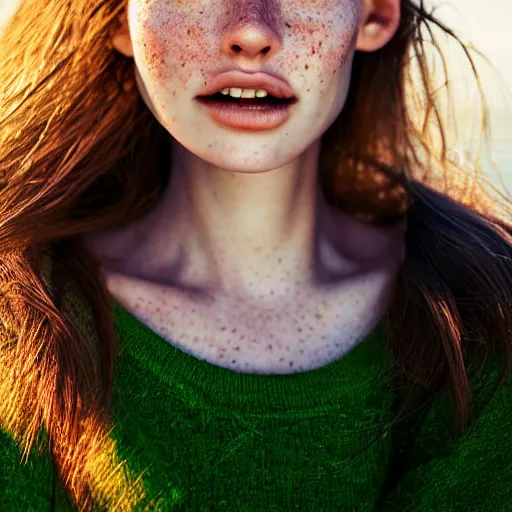 Image similar to portrait of a cute thin young woman, bronze brown hair, eye color is emerald green, red blush, a few freckles, smug smile, modern clothes, relaxing on the beach, golden hour, close up shot, 8 k, art by irakli nadar, hyperrealism, hyperdetailed, ultra realistic