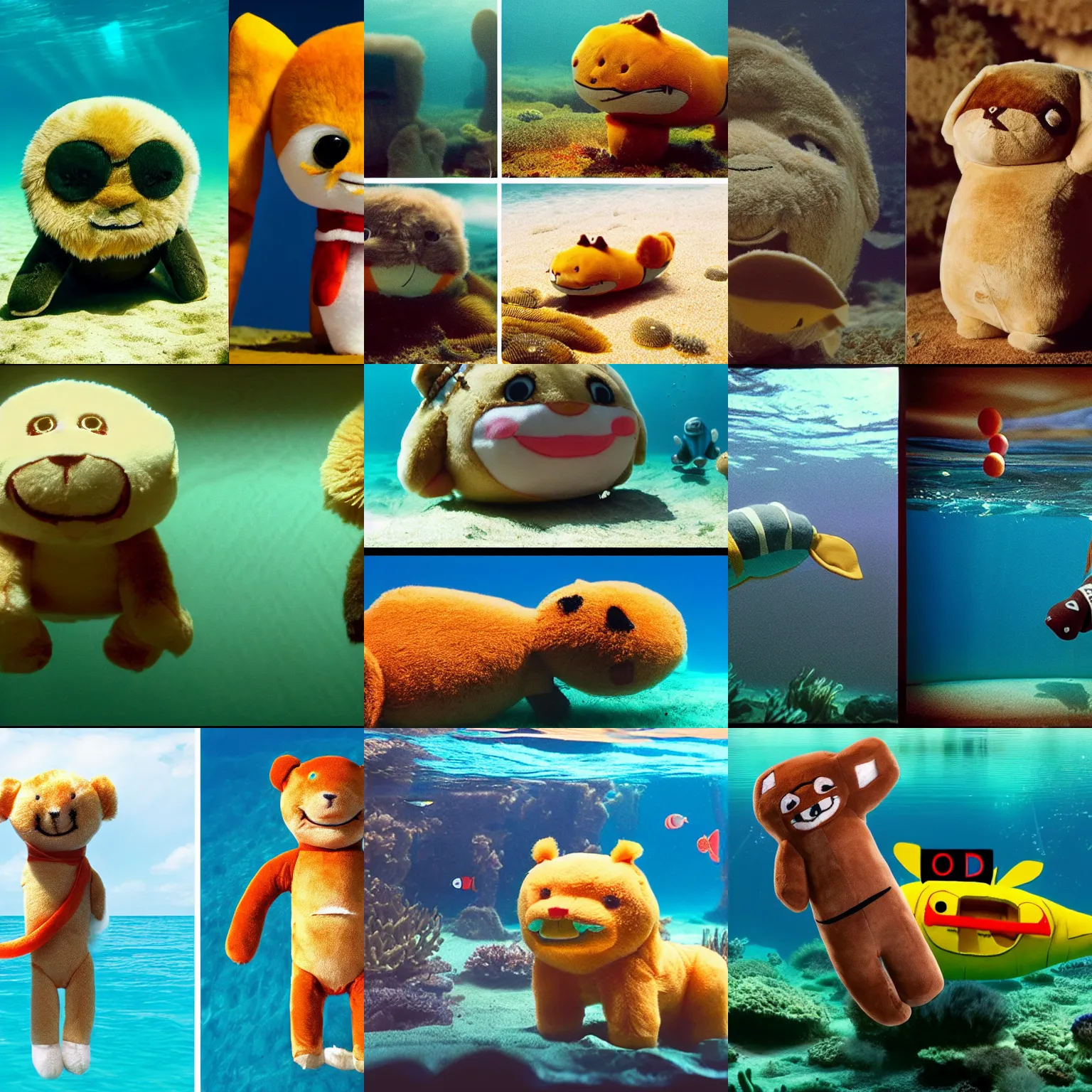 Prompt: Kodak portra 160, 4K, split screen: famous plush toy in low budget kon-tiki movie remake, underwater scene