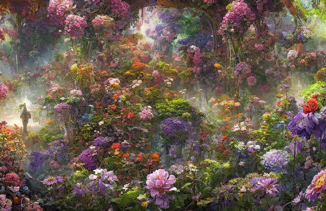 Image similar to a painting of a garden with flowers and plants, a detailed matte painting by android jones, cgsociety, psychedelic art, detailed painting, greeble, biomorphic