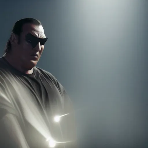 Image similar to from the movie a still of steven seagal as a fat batman, cinematic, studio lighting. god rays through fog. 4 k