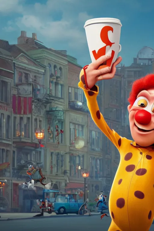 Image similar to portrait of a clown holding a cup of coffee with the circus in background, full body. pixar disney 4 k 3 d render funny animation movie oscar winning trending on artstation and behance. ratatouille style.