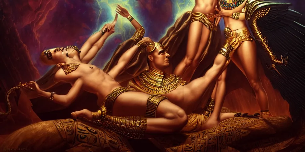 Prompt: Egyptian gods Osiris and Isis, by Rolf Armstrong and Evelyn De Morgan and Bastien Lecouffe-Deharme, dramatic lighting, high contrast colors, baroque, empyrean, panoramic view, as trending on Artstation, highly detailed, doom engine,