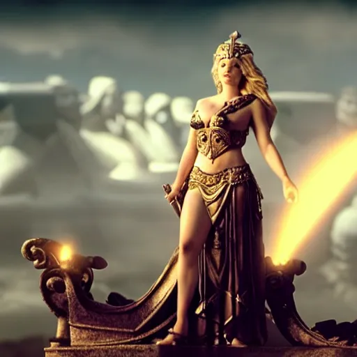 Image similar to cinematic scene with elisha cuthbert on a majestic throne as the goddess of war, dramatic, small details, volumetric lighting, still frame