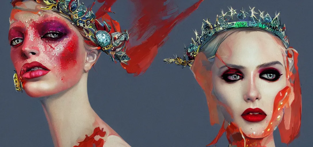 Prompt: a female high fashion model wearing a jeweled face crown, dark eye make - up, red lips, alexander mcqueen, haute couture, by moebius, edward hopper and james gilleard, zdzislaw beksinski, steven outram colorful flat surreal design, hd, 8 k, artstation