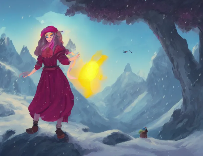 Prompt: bird alchemist girl in the flowering snowy mountains. complementary colors, indie concept art, luminescent, 4 k, chiaroscuro, backlighting.