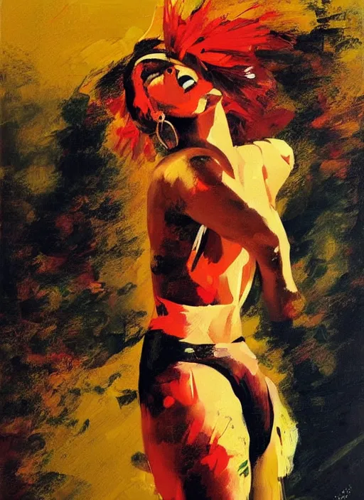 Prompt: emotional brazilian samba dancer girl, painting by phil hale, fransico goya,'action lines '!!!, graphic style, visible brushstrokes, motion blur, blurry, visible paint texture, crisp hd image