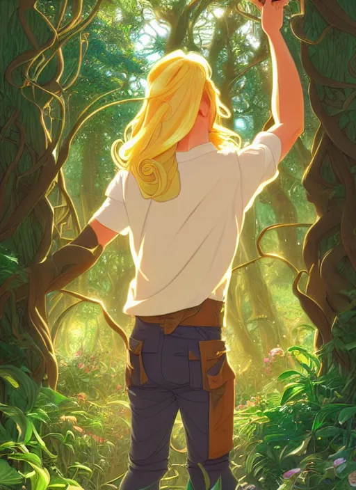 Image similar to book cover design, pretty young man with long golden blond hair, shiny and sparkling, in a forest, from behind, natural lighting, path traced, highly detailed, high quality, cartoon, digital painting, by don bluth and ross tran and studio ghibli and alphonse mucha