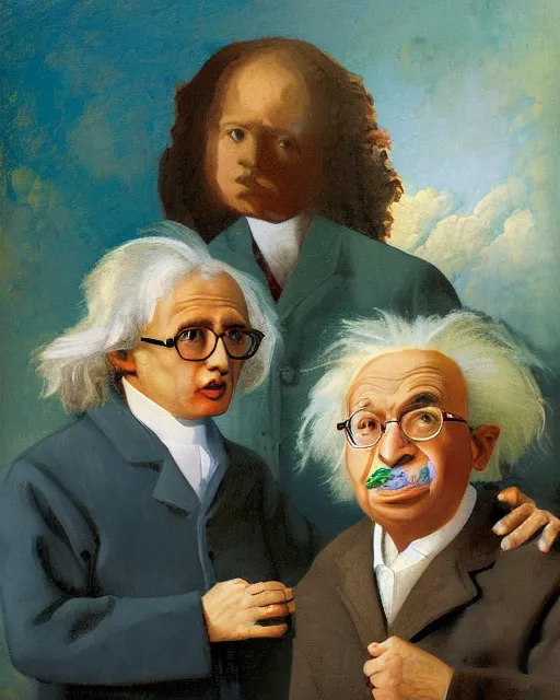 Prompt: painterly family portrait, isaac newton and stephen hawking and albert einstein, impasto, fantasy, chuck close:7, carl spitzweg:7, cinematic light, full face, symmetrical face