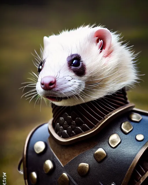 Image similar to ferret warrior, furry, fantasy, viking, high detailed, photography, cloudy, lightweight leather armour, scandinavia, plain, detailed face, look into the distance, serious face, full body, in full growth, professional photographer, masterpiece, 5 0 mm, extremely detailed, 8 k