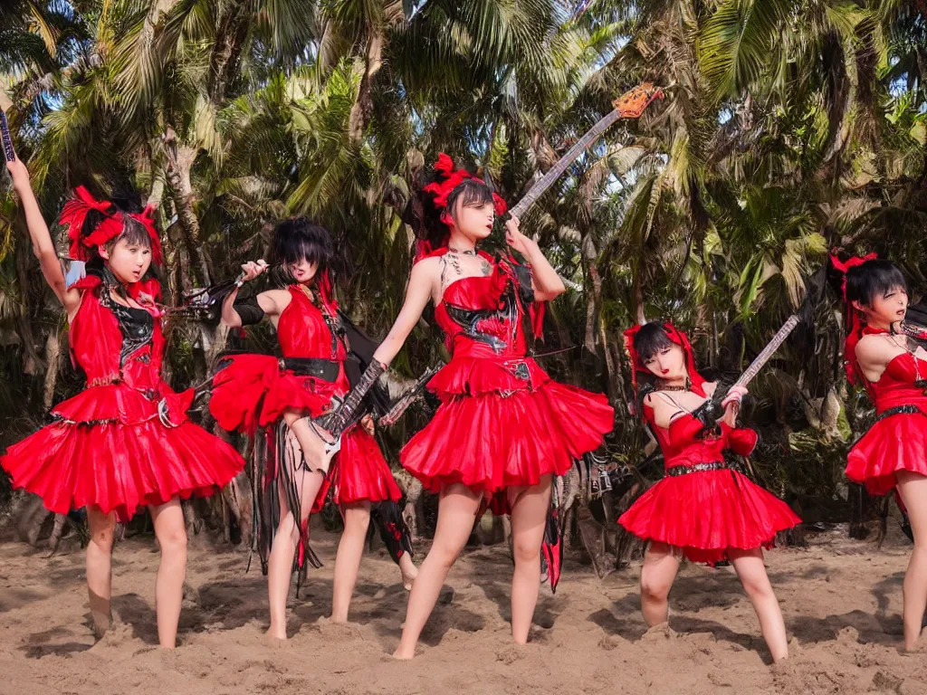 Prompt: babymetal 3 members performing on a tropical beach beautiful, scenery, high detail face, High Definition detail, 8K, photography