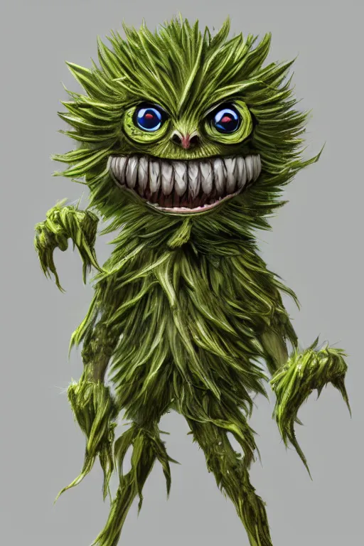 Image similar to a humanoid figure dandelion moss plant monster, large eyes and menacing smile, highly detailed, digital art, sharp focus, trending on art station, anime art style