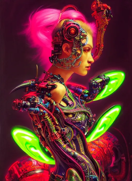 Image similar to neon cyborg, Neo Rococo Expressionist, Maximalism, orientalism, diffuse lighting, fantasy, intricate, elegant, highly detailed, lifelike, photorealistic, digital painting, artstation, illustration, concept art, smooth, sharp focus, art by John Collier and Albert Aublet and Krenz Cushart and Artem Demura and Alphonse Mucha