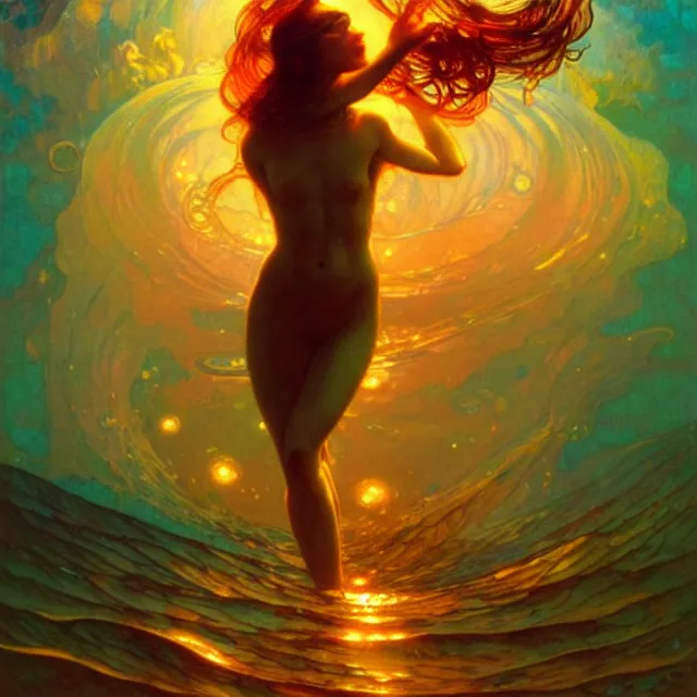 Image similar to mind bending ocean waves of glossy liquid honey drops flowing like psychedelic translucent amber, lsd waves, lsd ripples, backlit, sunset, refracted lighting, art by collier, albert aublet, krenz cushart, artem demura, alphonse mucha