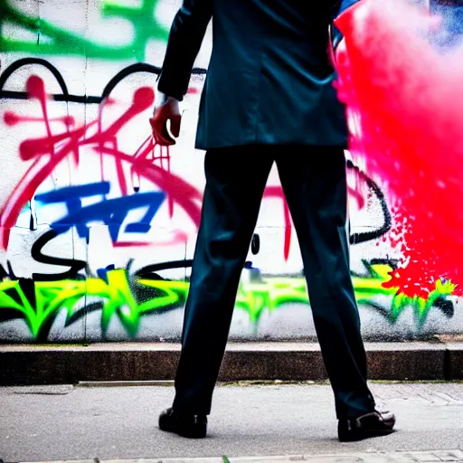 Image similar to businessman in a suit with his trousers down, holding a graffiti spray can, and screaming like a maniac in a busy city street