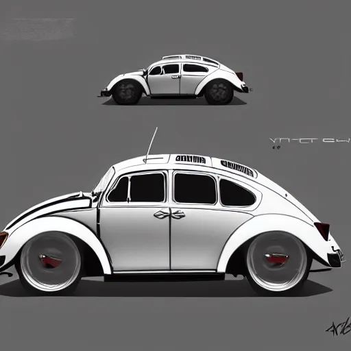 Prompt: What if Syd Mead designed a Volkswagen Beetle, gullwing side doors, future city background, concept art, trending on artstation