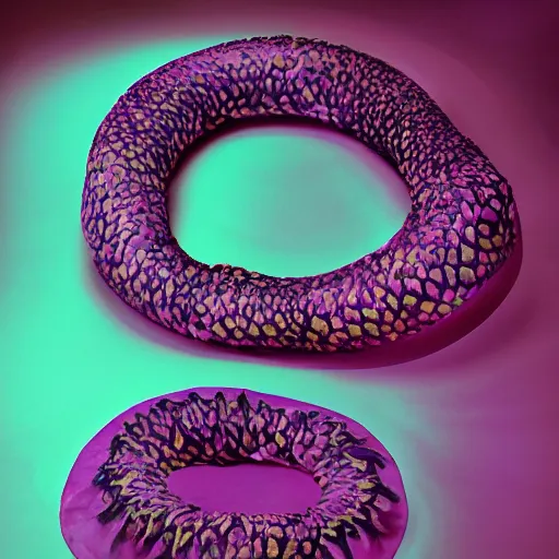 Image similar to Deep imprint flower core, our ouroborous devours it's tail by Rick Baker, black, neon purple, Hyperreal, Photographed in the Style of Annie Leibovitz, Studio Lighting